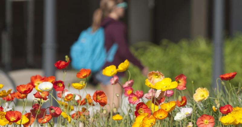 student walking and flowers